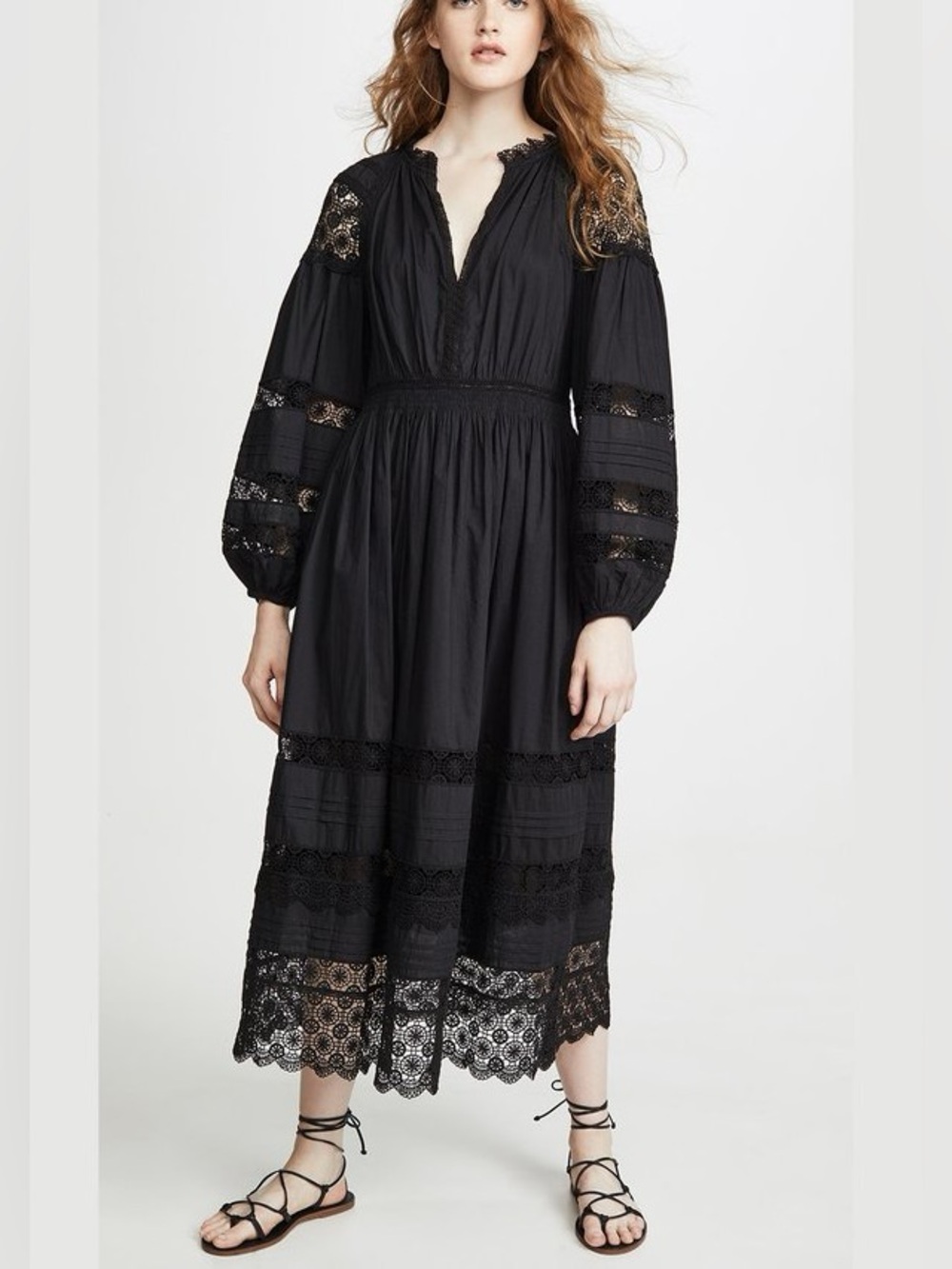 Ulla Johnson Ophelia Black Lace-Trim Midi Dress | 0